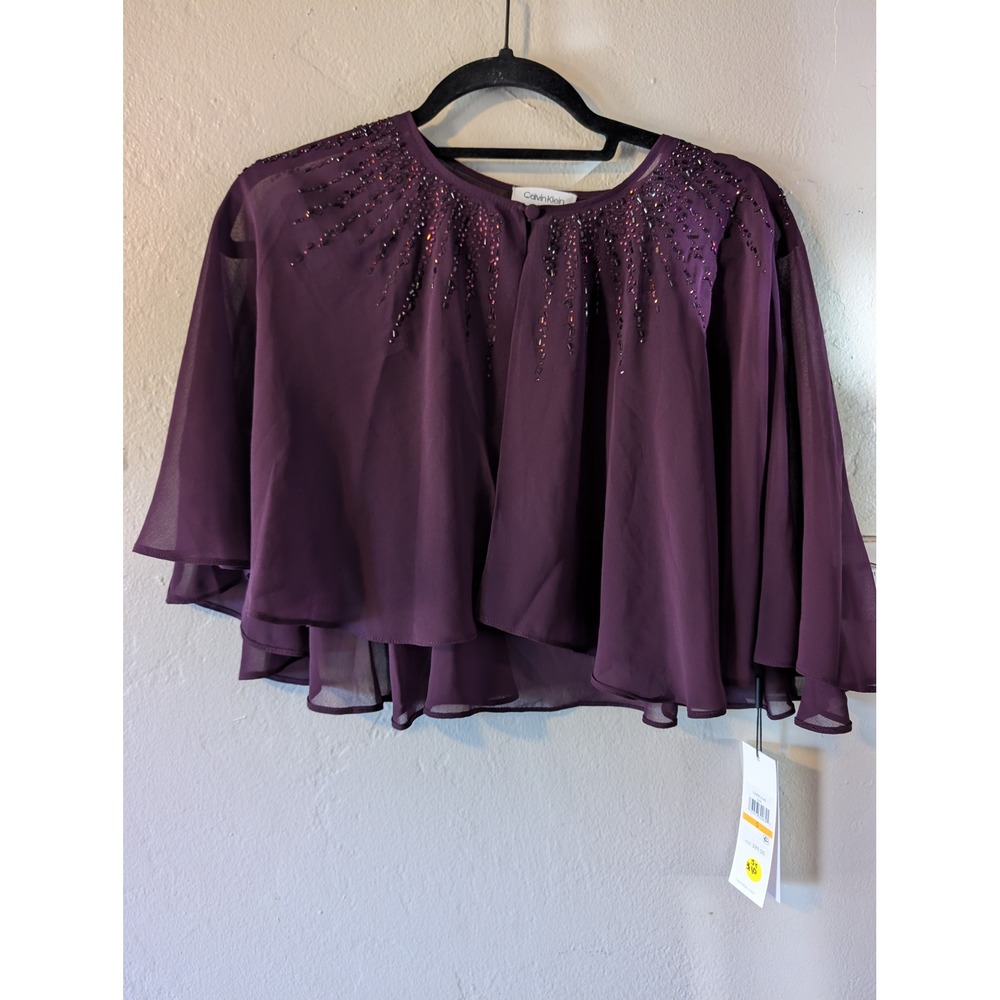 Calvin Klein NWT Aubergine Beaded Chiffon Cape Blouse Top Small $99